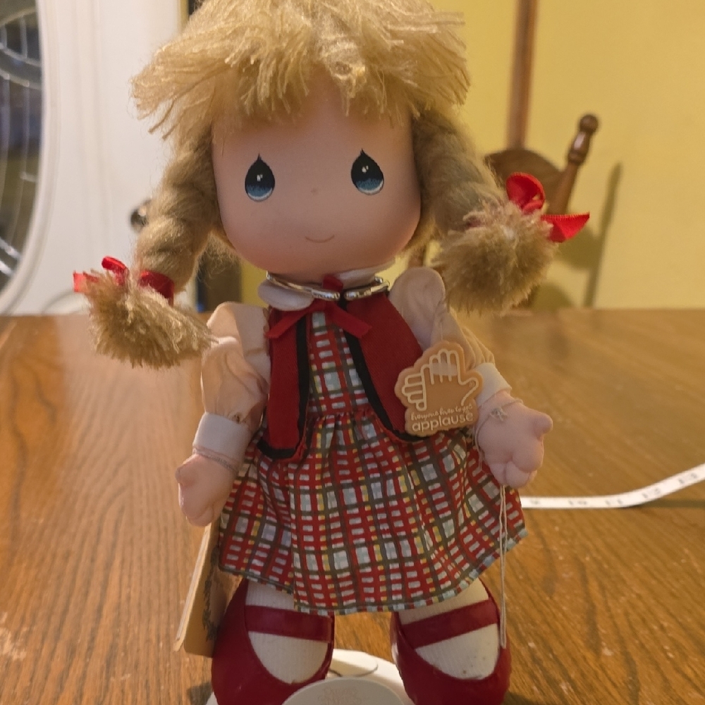 Precious Moments Doll with Red Plaid Dress
